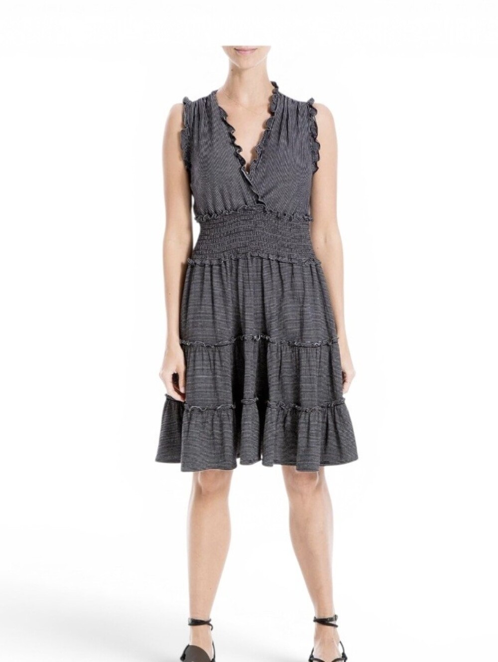 NEW Max Studio Charcoal Ruffle V-Neck Tiered Midi Dress Size Large
